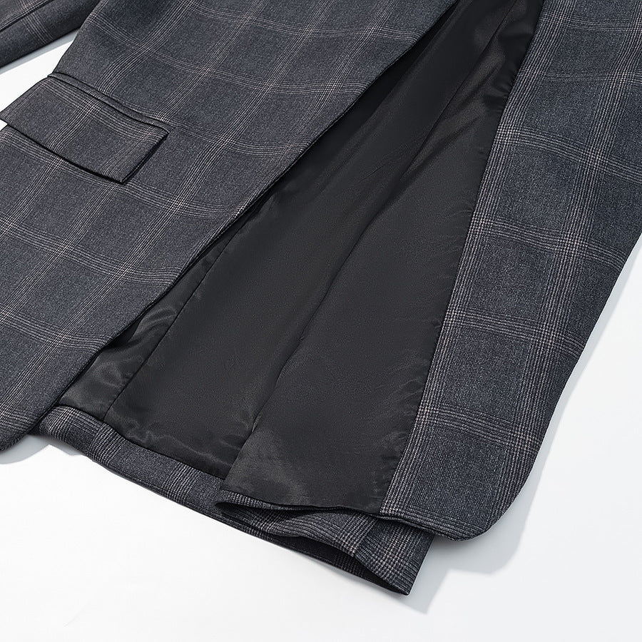 Herren Karierter Stehkragen-Blazer mit asymmetrischer Knopfleiste und Pattentaschen Drune
