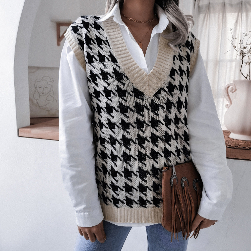 Damen Rippstrick-Weste mit V-Ausschnitt und Hahnentritt-Design Drune
