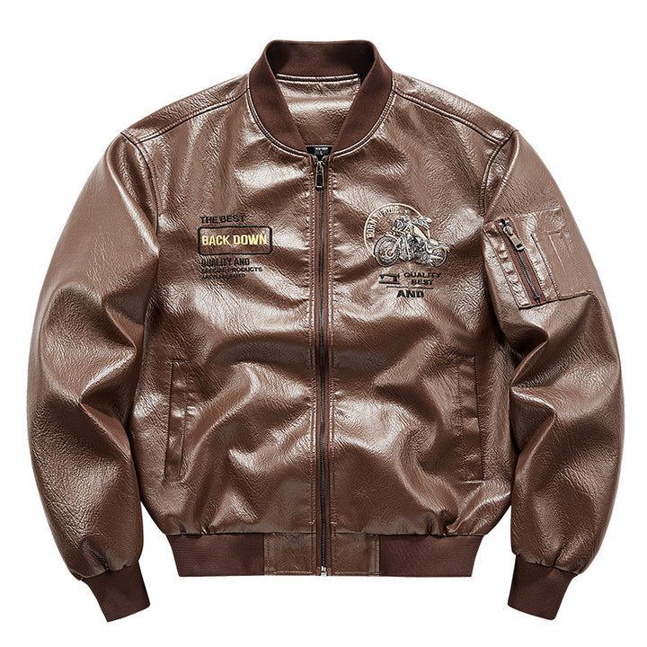 Men's  motorcycle graphic faux-leather varsity bomber with embroidered back panel and sleeve utility pocket Drune