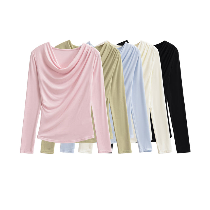 Damen Wasserfallkragen Langarmshirt mit Drapierung und taillierter Wickeloptik Drune