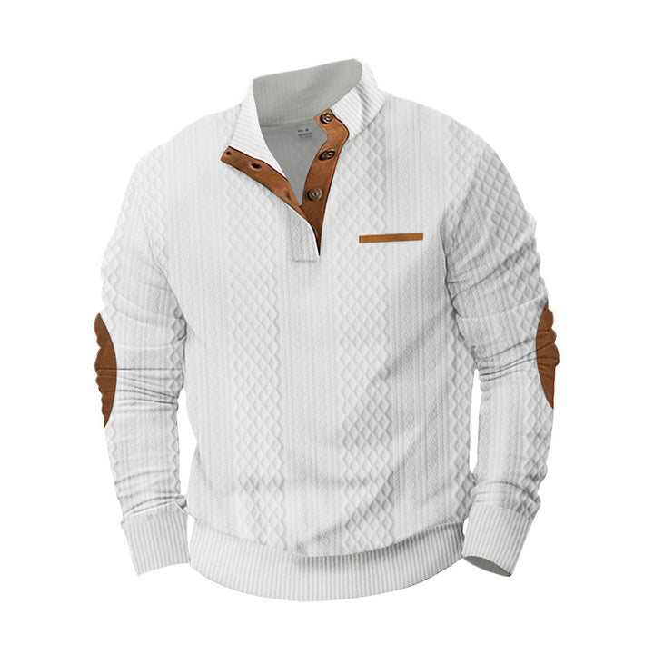 Herren Strukturiertes Kabelstrick-Sweatshirt mit Halbknopfblende, Kunstleder‑Patchtasche & Ellbogenpatches Drune