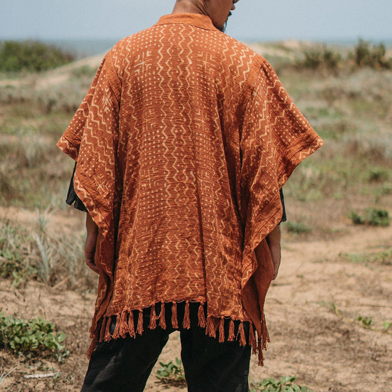 Herren gewDruneter Boho-Poncho mit Fransen und V-Ausschnitt Drune