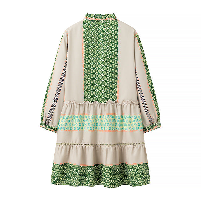 Damen Gemustertes Midilanges Mantelkleid mit Volantkragen und Stufenrock Drune