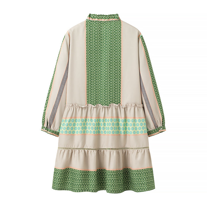 Damen Gemustertes Midilanges Mantelkleid mit Volantkragen und Stufenrock Drune