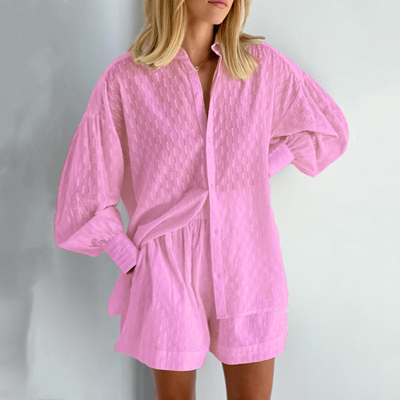 Damen lässiges Hemd-Shorts-Set mit elegantem Webmuster Drune