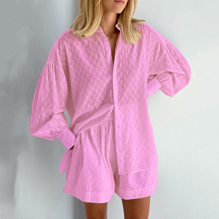 Damen lässiges Hemd-Shorts-Set mit elegantem Webmuster Drune