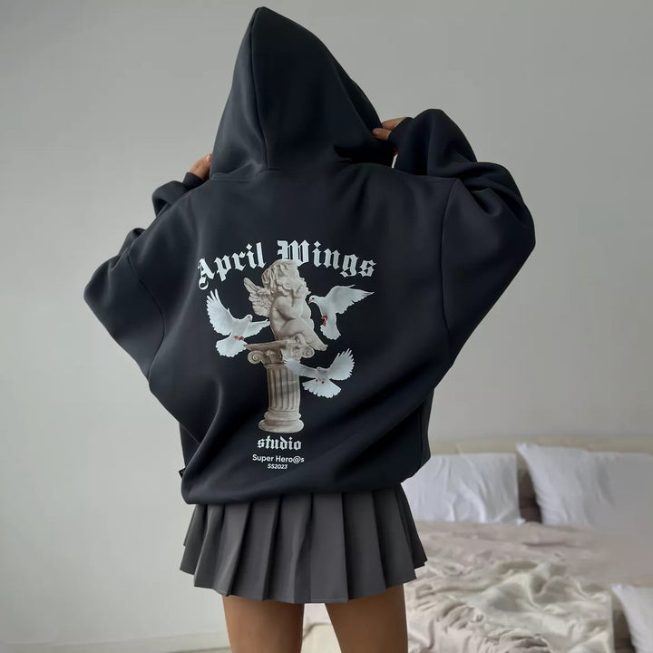 Damen oversized Kapuzenpullover mit Engels-Print und kunstvollem Rückendruck Drune