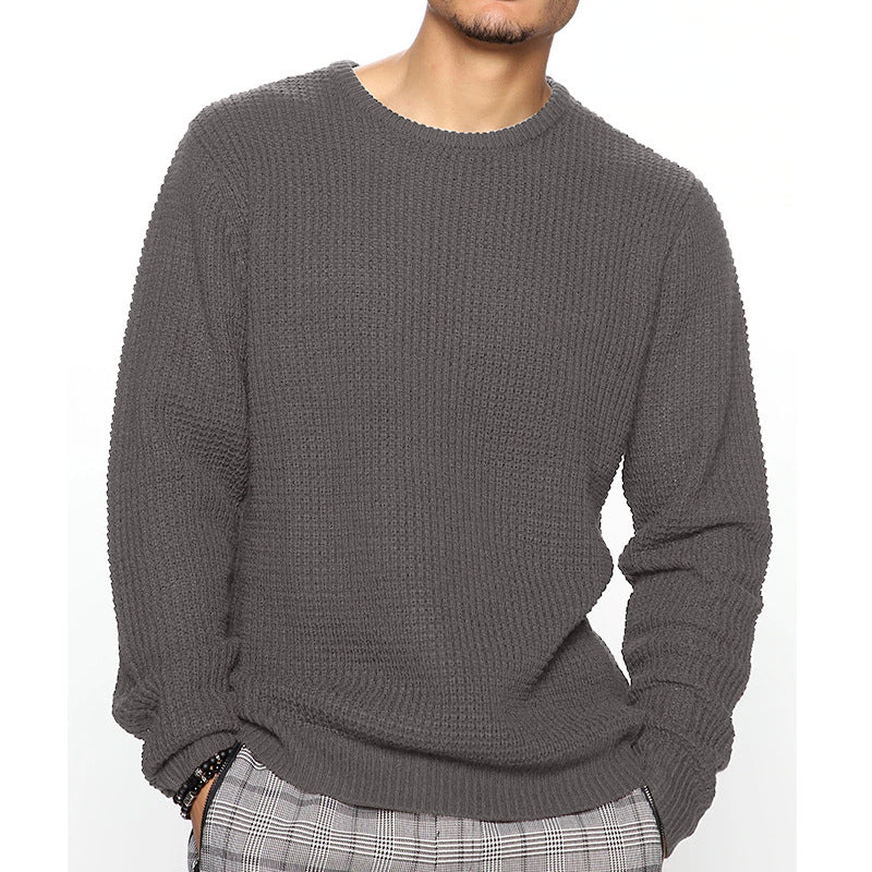 Herren Grobgestrickter Rundhals-Pullover mit Körbchenmuster und Relaxed-Fit Drune