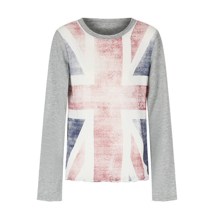 Damen Rundhals-Longsleeve aus Baumwollmix mit Vintage-Union-Jack-Print und Kontrastärmeln Drune