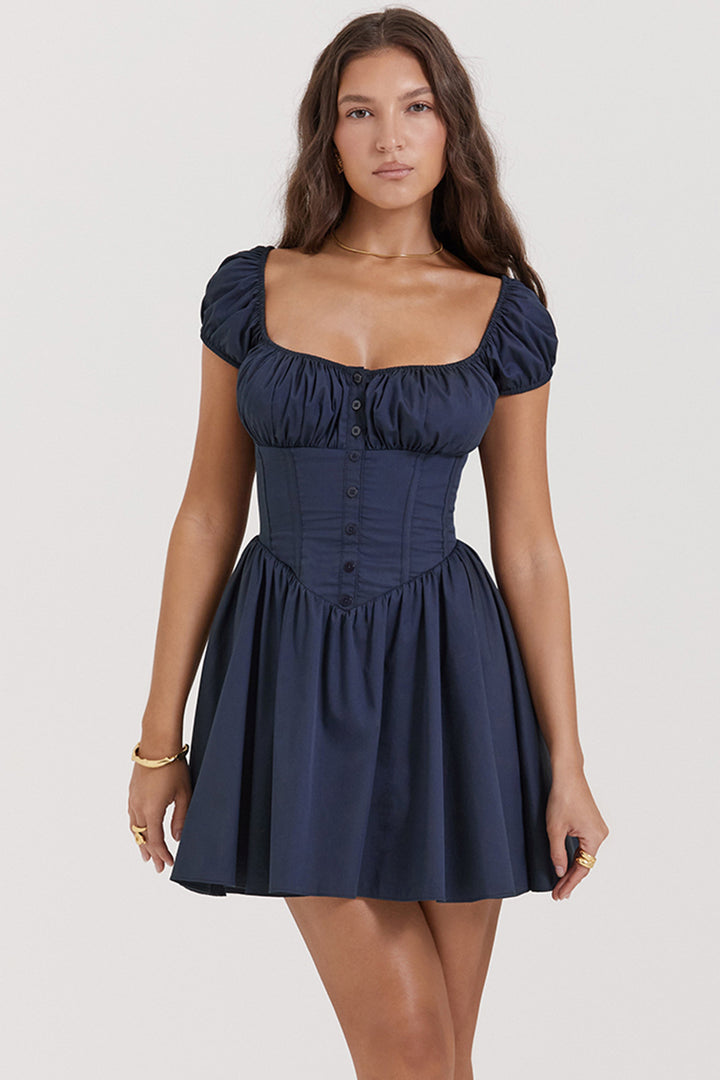 Damen kurzes Liebeserkundendes Kleid mit Puffärmeln und Knopfleiste Drune