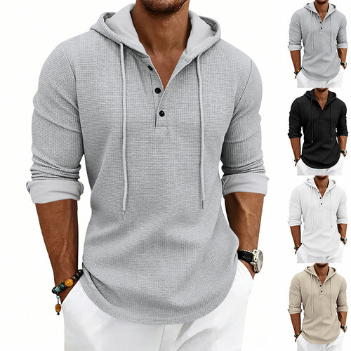 Herren nan lässiges Waffelstrick-Henley Kapuzenpullover mit Knopfleiste Drune