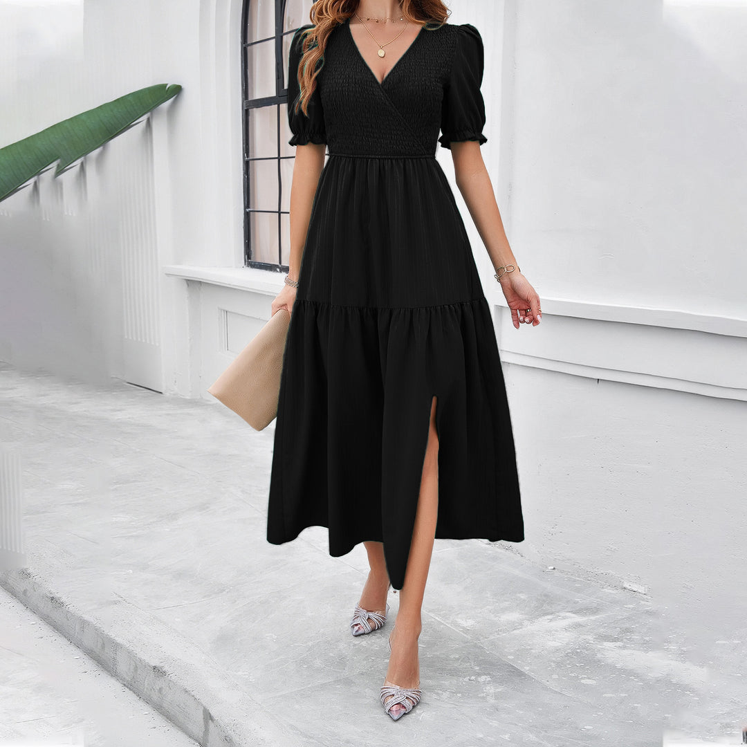 Damen Maxikleid mit hohem Schlitz und Puffärmeln Drune