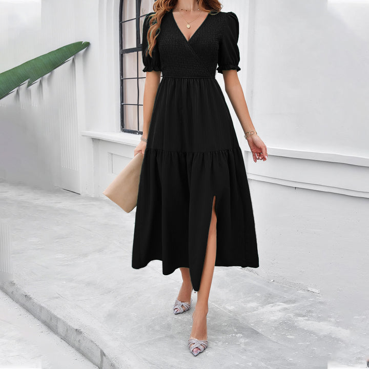 Damen Maxikleid mit hohem Schlitz und Puffärmeln Drune
