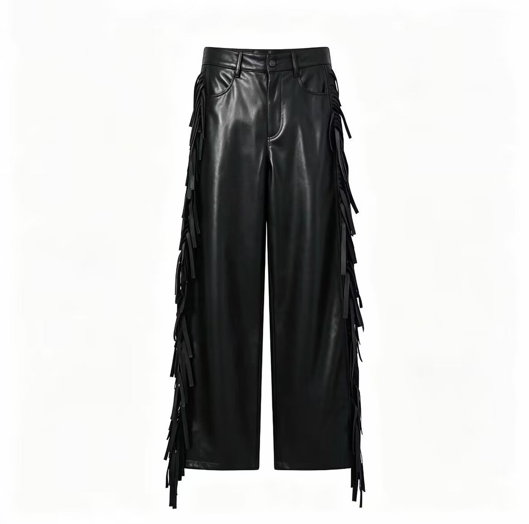 Damen Weite Kunstleder-Culotte mit seitlichen Fransen Drune