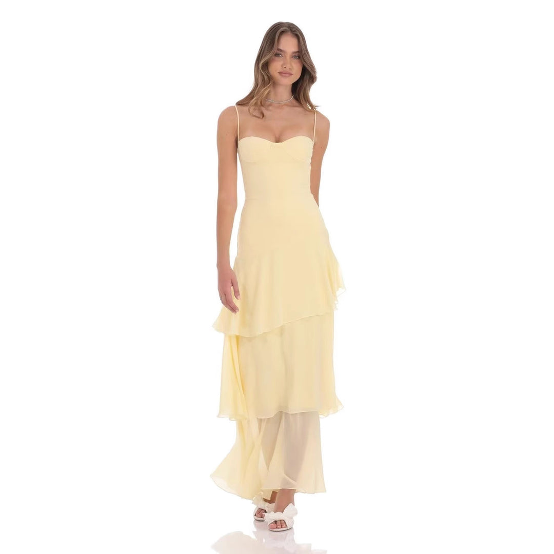 Damen nan romantisches Stufen-Maxikleid mit Herzausschnitt und feinen Spaghettiträgern Drune