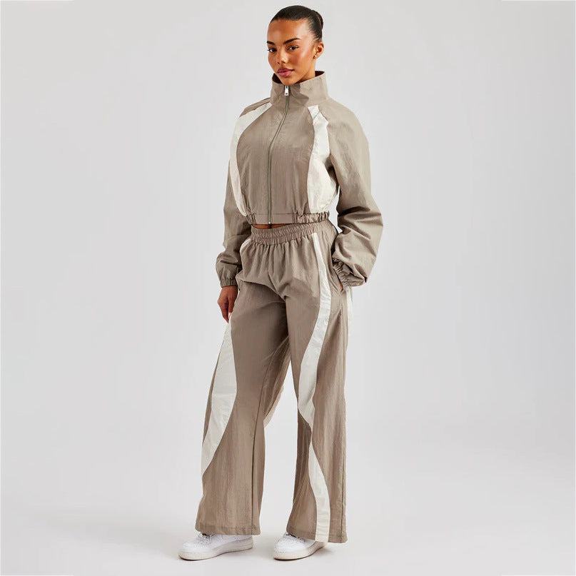 Damen Sportliches Crop-Set mit elastischem Bund und Kontraststreifen Drune