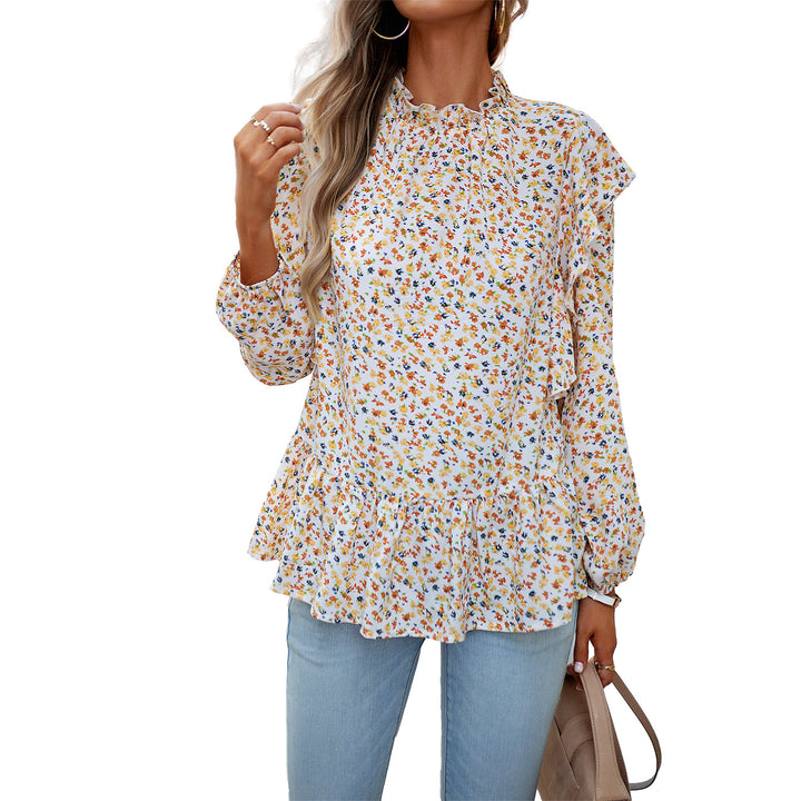 Damen nan geblümte Chiffon-Bluse mit gerafftem Stehkragen, Volant-Schultern und tailliertem Stufen-Saum Drune
