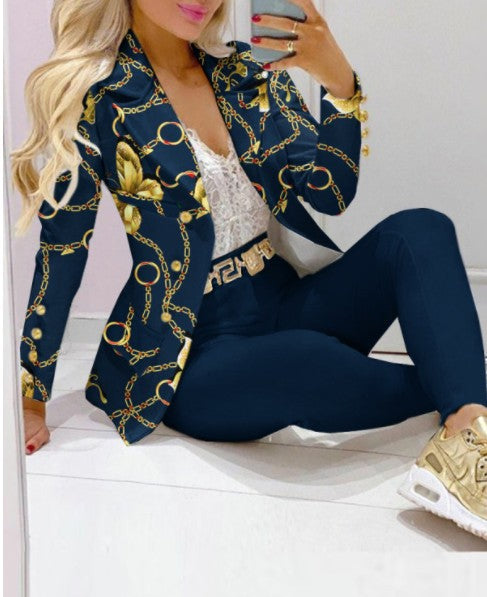Damen Zweiteiliges Blazer-und-Hose-Set mit Schmetterlingsprint und glamourösem Glitzereffekt Drune