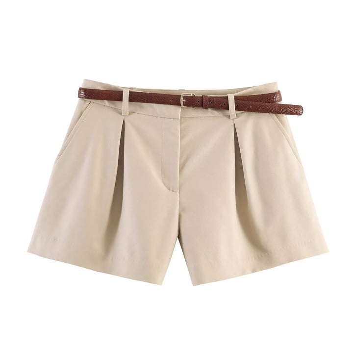 Damen klassische Shorts mit eleganten Falten und Gürtel Drune