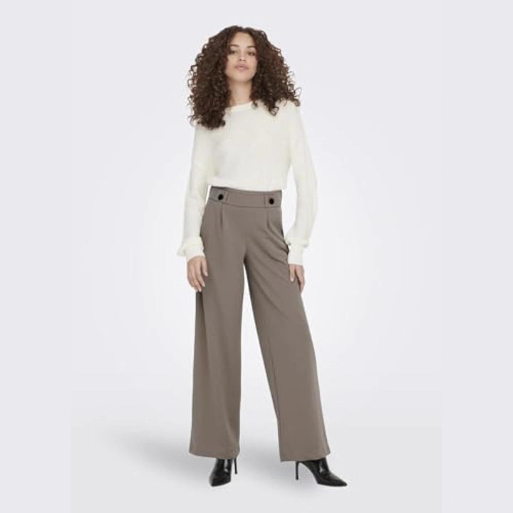 Damen High-Waist Culottehose mit Zierknopf-Bund und weitem Bein Drune