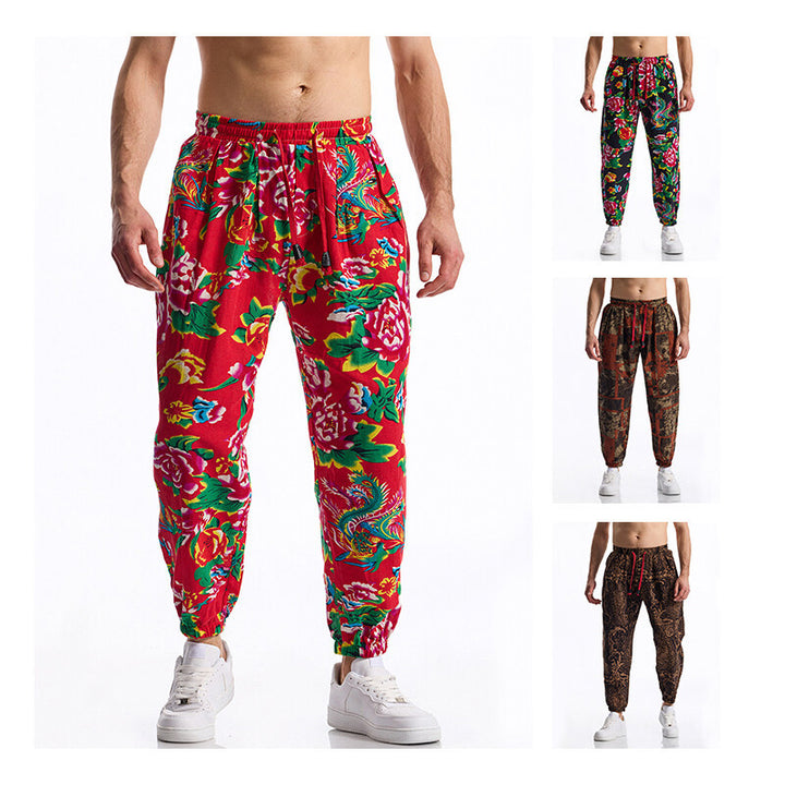 Herren Floral bedruckte Relaxed-Fit Jogginghose mit elastischem Bund und Kordelzug Drune