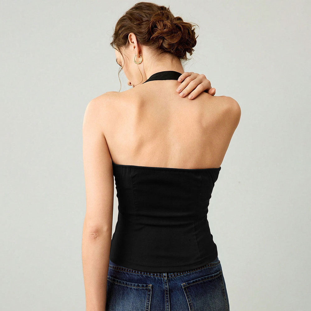 Damen schulterfreies Top mit modischem Halterdesign und eleganter Metallakzent Drune