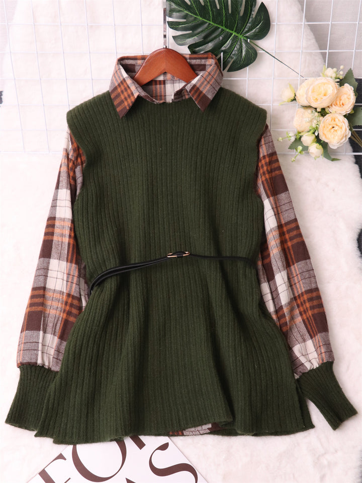 Damen modischer Strickpullover mit ausgefallenem Karohemd und elastischem Taillengürtel Drune