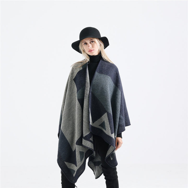 Damen Wollenes Dreiecksmotiv‑Überwurfponcho mit offener Front und dekorativer Kettelnaht Drune