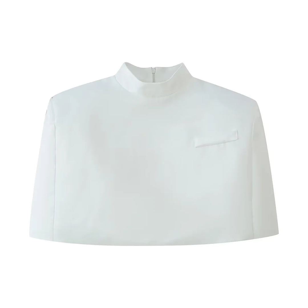 Damen nan kurzes Capelet-Top mit Stehkragen, verdecktem Rückenreißverschluss und minimalistischer Brustleiste Drune