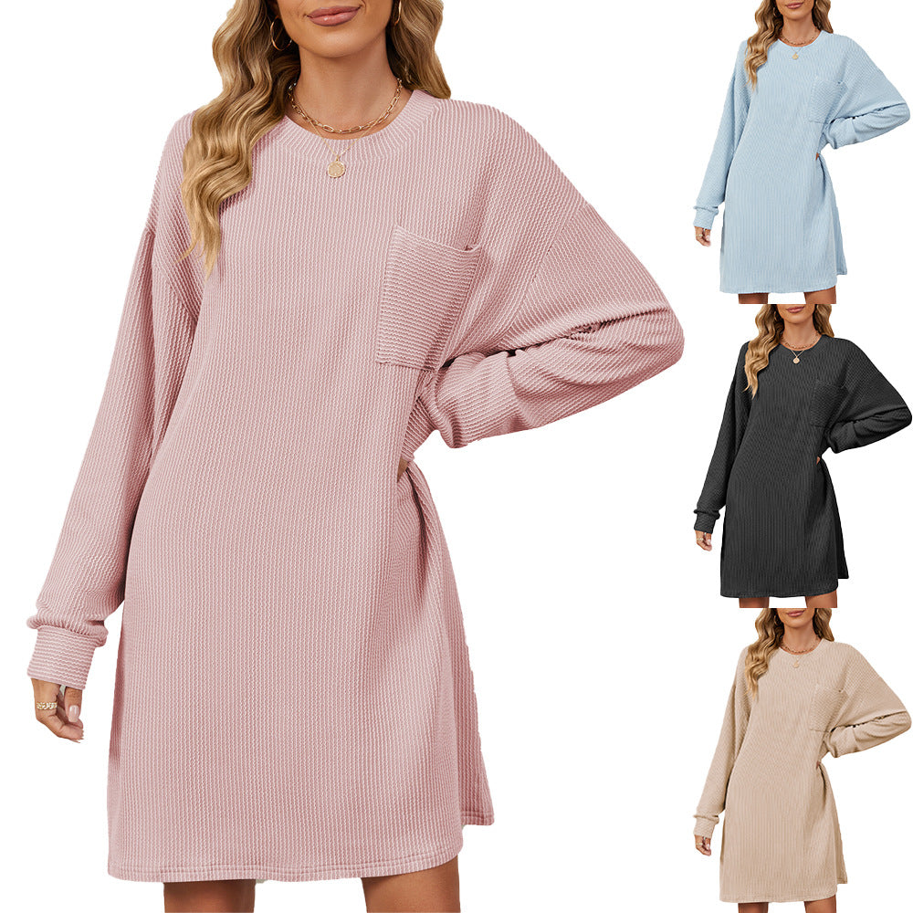 Damen lässiges Langarm Kleid mit praktischen Taschen und modernem Strukturdesign Drune