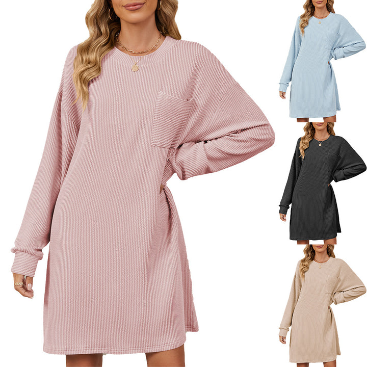 Damen lässiges Langarm Kleid mit praktischen Taschen und modernem Strukturdesign Drune