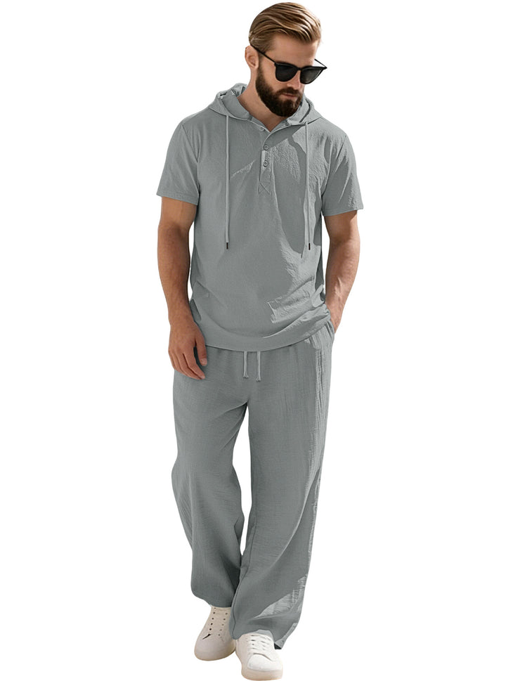 Herren nan lässiges Kurzarm-Kapuzenshirt im gekreppten Baumwollmix mit Henley-Knopfleiste Drune