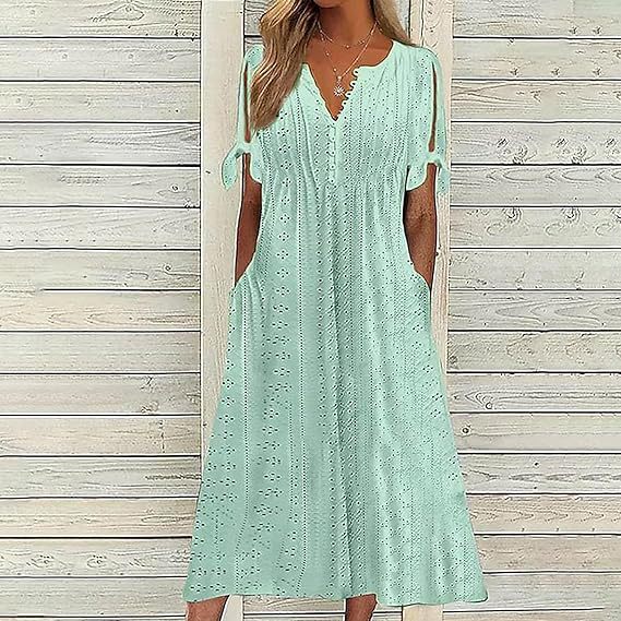 Damen Midikleid mit luftiger Stickdetails und praktischen Seitentaschen Drune