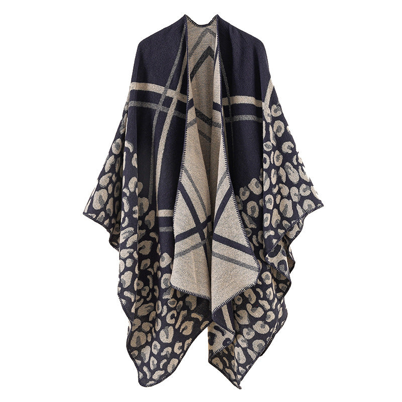 Damen Oversize-Ruana-Poncho mit Jacquardmix, Leoparden- und Karomuster Drune
