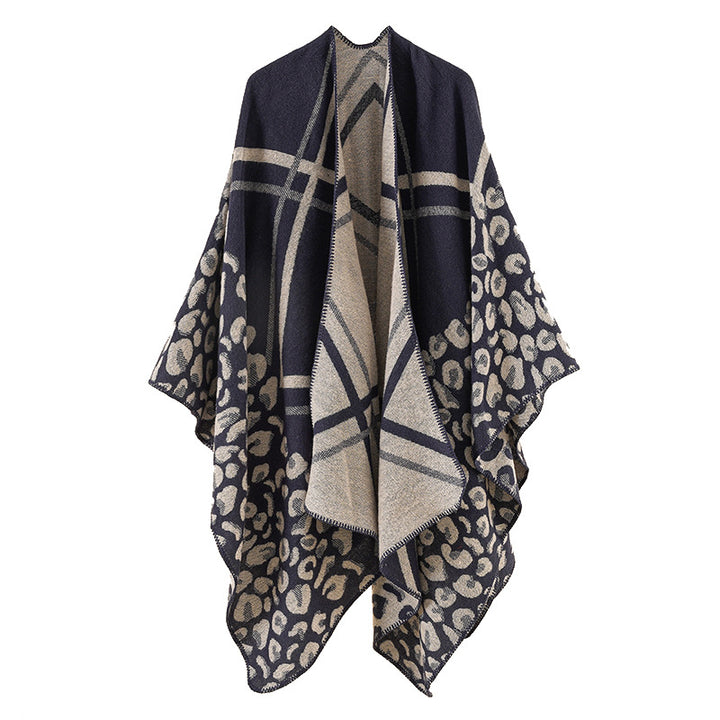 Damen Oversize-Ruana-Poncho mit Jacquardmix, Leoparden- und Karomuster Drune