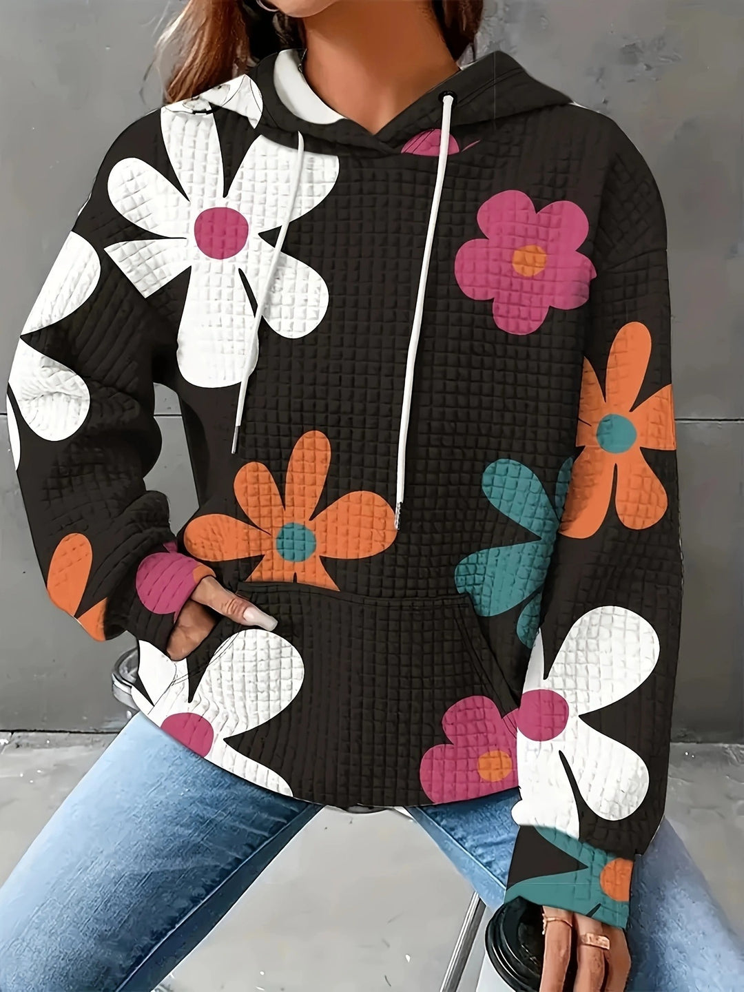 Damen Kapuzenpullover mit floralem Strukturmuster und bequemer Passform Drune