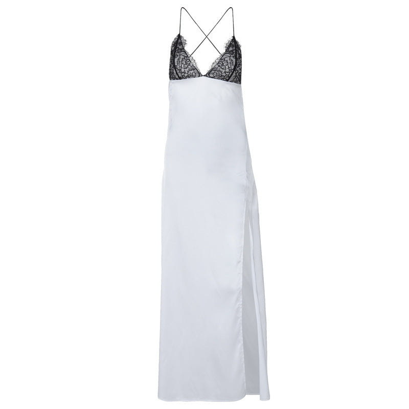 Damen elegantes Maxikleid mit Spitzenapplikationen und tiefem V-Ausschnitt Drune