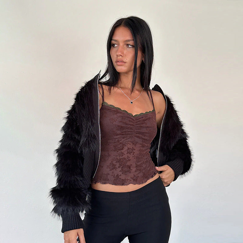 Damen Spitzen-Crop-Top mit floralem Design Drune