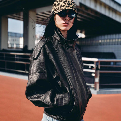 Damen Kurzes Oversized-Bomberjacke aus veganer Lederoptik mit hohem Funnelkragen Drune