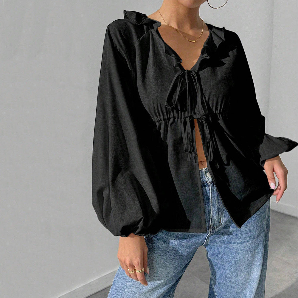 Damen lässige Rüschenbluse mit V‑Ausschnitt, Bindebändern und weiten Ballonärmeln Drune