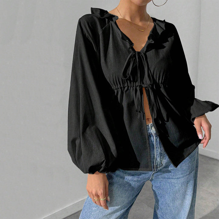 Damen lässige Rüschenbluse mit V‑Ausschnitt, Bindebändern und weiten Ballonärmeln Drune