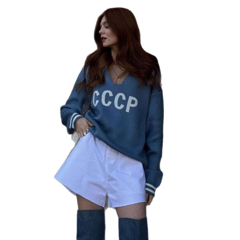 Damen oversize Strickpullover mit tiefem V-Ausschnitt und Kapuze Drune
