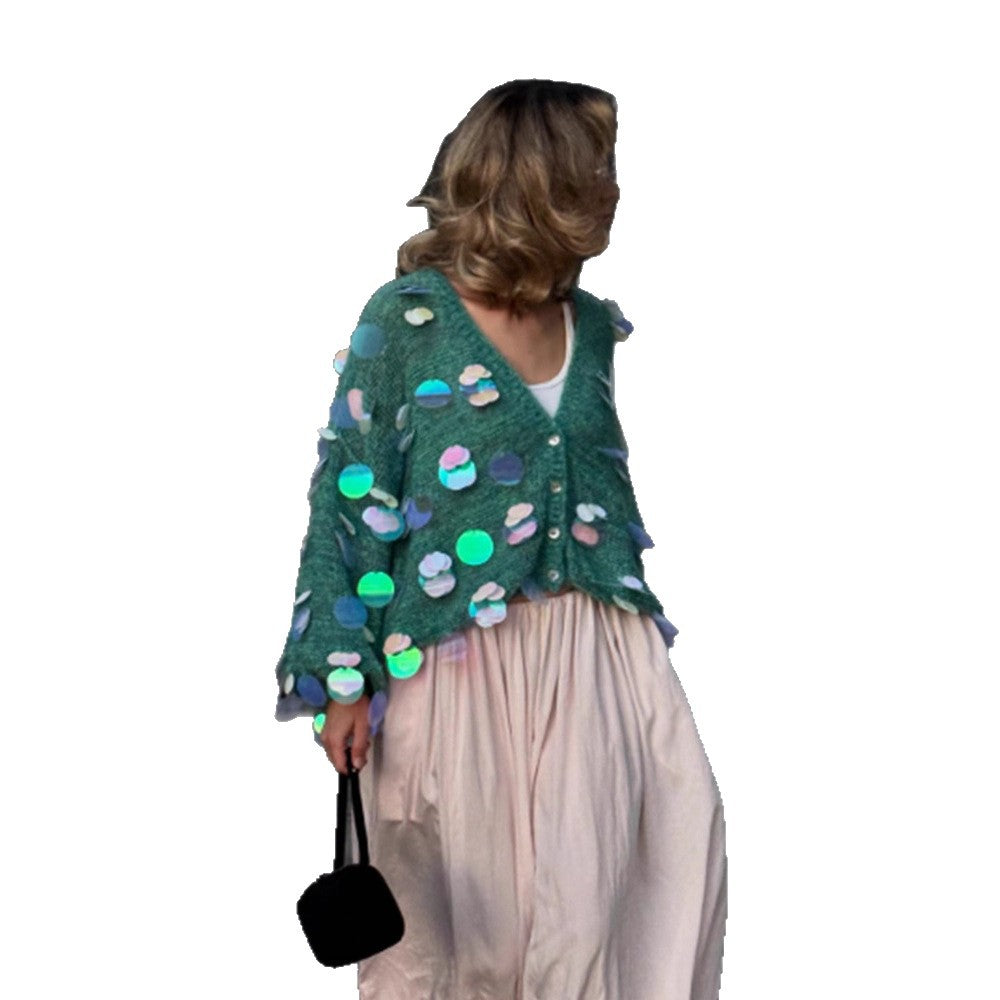 Damen Grobgestrickter Mohair-Cardigan mit übergroßen Pailletten und kastiger Silhouette Drune