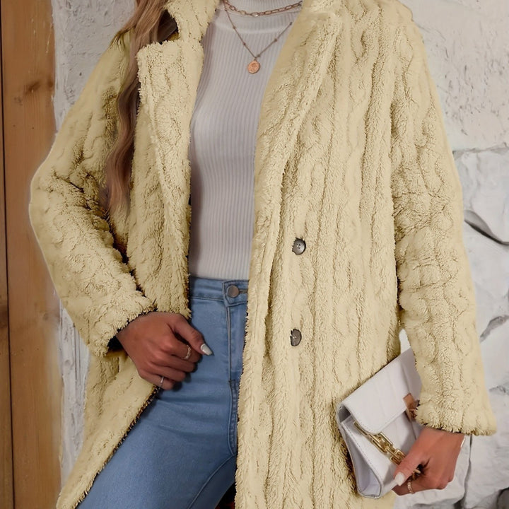 Damen Midilanger Teddy-Mantel mit Zopfmuster, Reverskragen und doppelt geknöpfter Front Drune