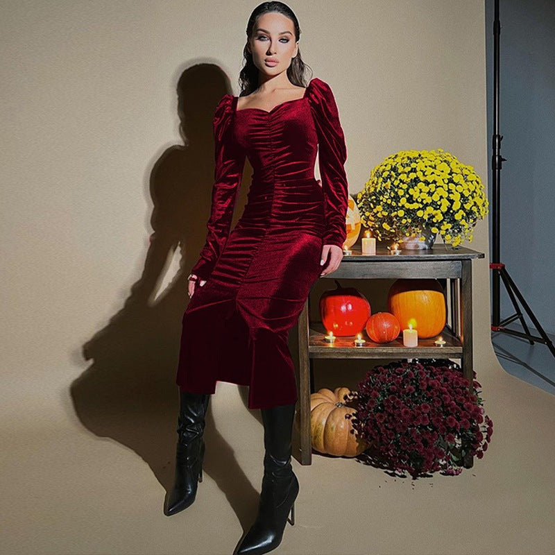 Damen Elegantes Langarmkleid mit gerafftem Design Drune