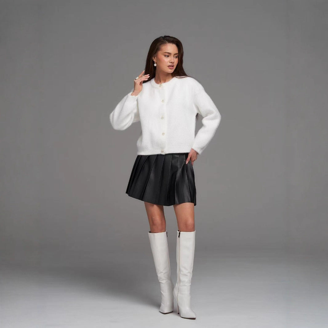 Damen Elegante Flauschige Strickjacke mit Perlenknöpfen Drune