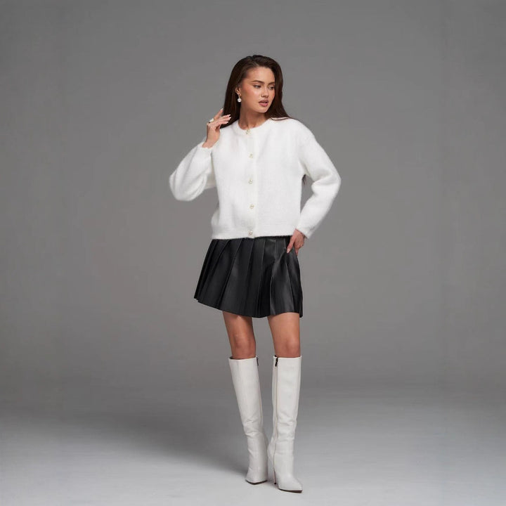 Damen Elegante Flauschige Strickjacke mit Perlenknöpfen Drune