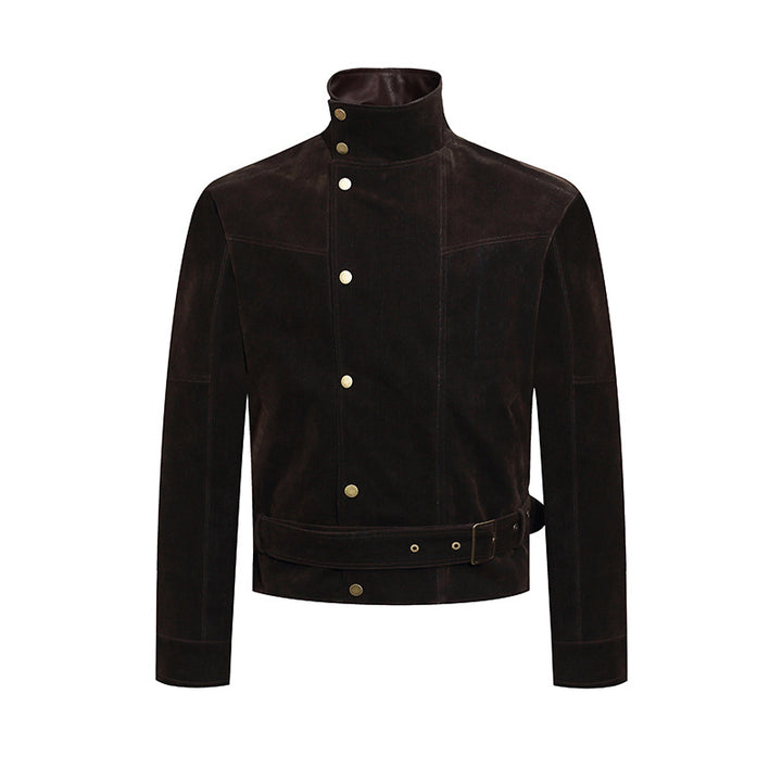 Herren Wildleder-Bikerjacke mit Stehkragen, Druckknopffront und Taillengürtel Drune