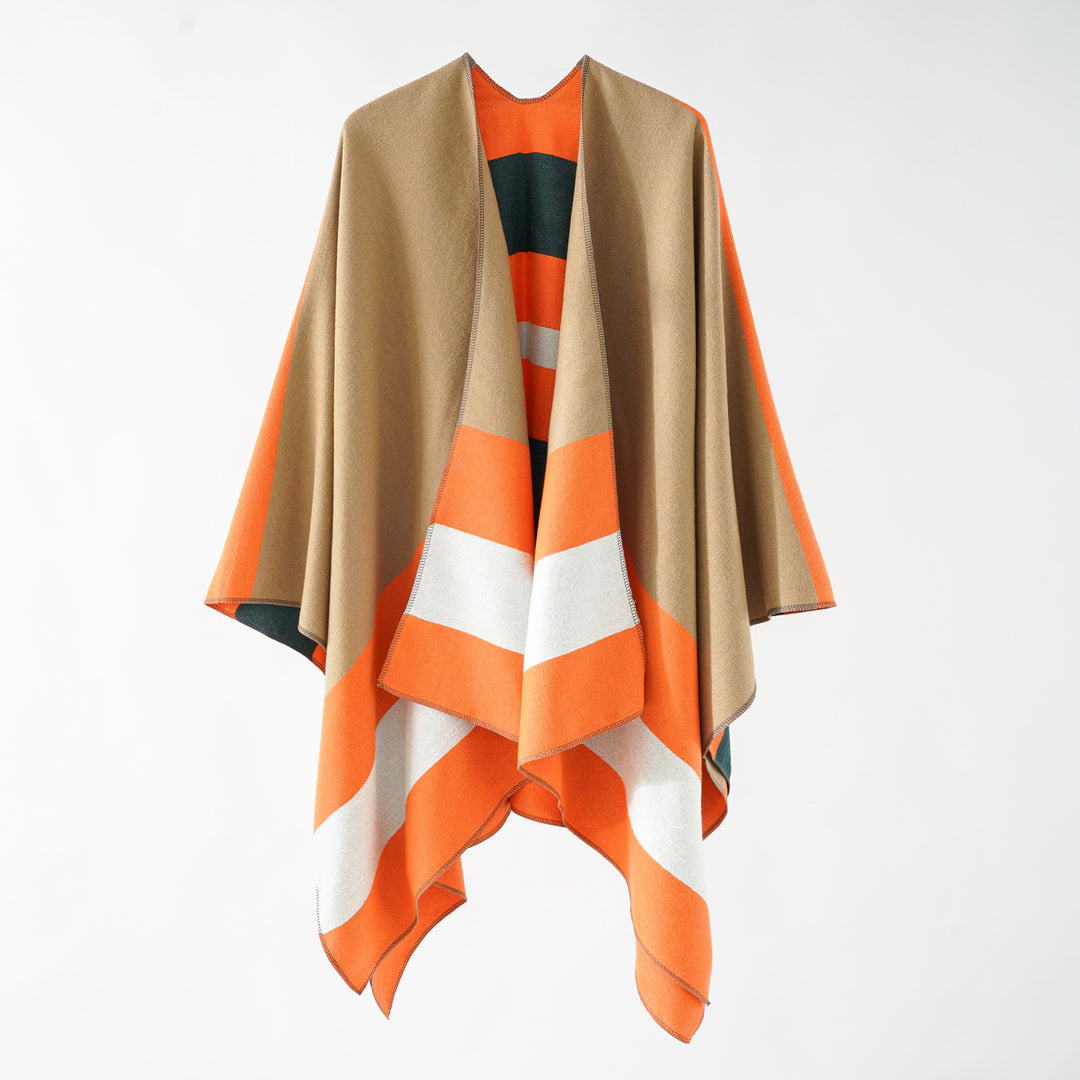 Damen Oversize-Ruana im Cape‑Stil aus Wolloptik mit geometrischen Blockstreifen Drune