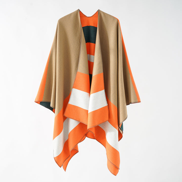 Damen Oversize-Ruana im Cape‑Stil aus Wolloptik mit geometrischen Blockstreifen Drune